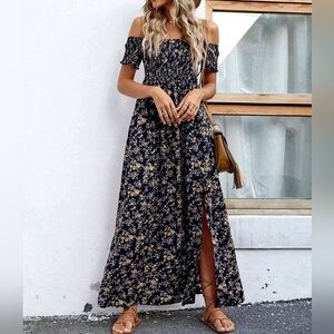 New Boho Smocked Floral Maxi Dress Split Leg Long Off Shoulder Navy Blue